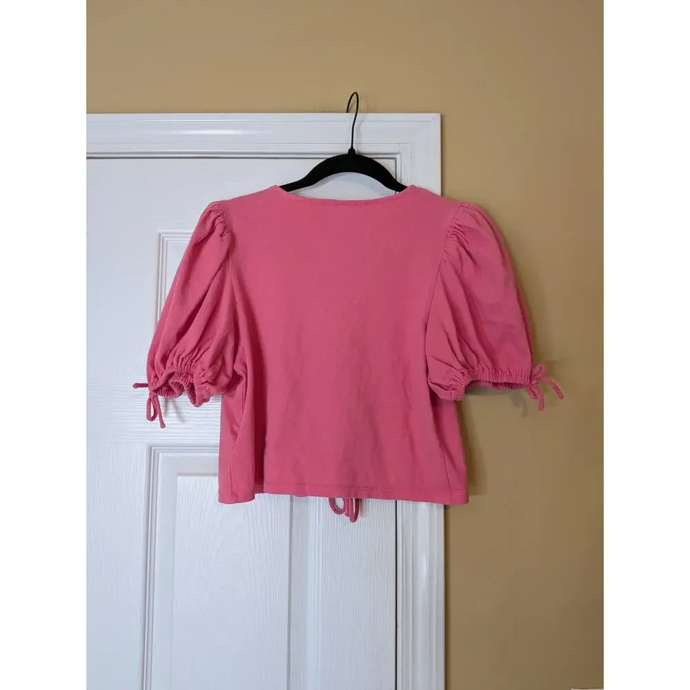 Free People Kitty Tee in Velvet Rose Size Medium Preppy Tie Front Puff Sleeve